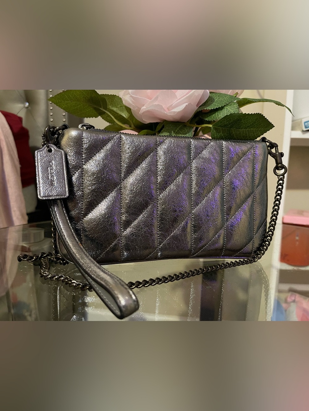 Coach Metallic Quilted Wristlet Crossbody Bag - Silver